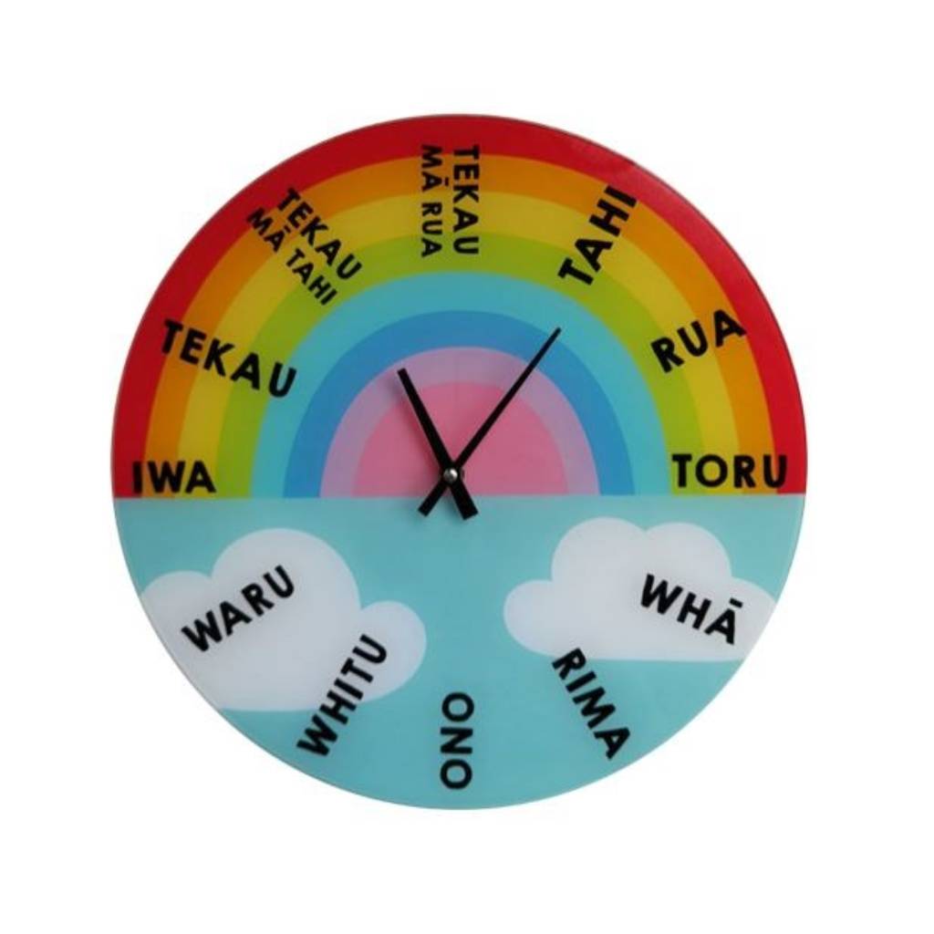 Clearcut image of Moana Road Te Reo Māori Glass Rainbow Clock.