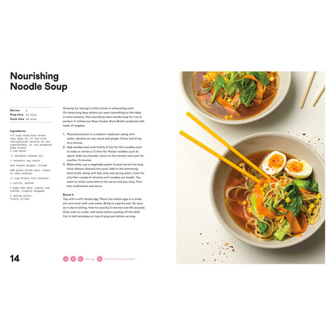 Inside view showing recipe for Nourishing Noodle Soup from Yum! Cookbook by Nadia Lim.