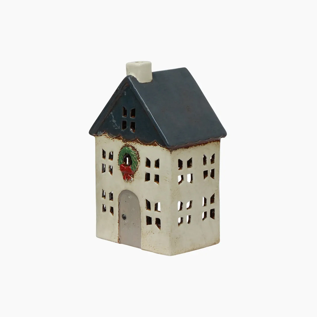 Christmas Tea Light House Blue with Wreath, Small