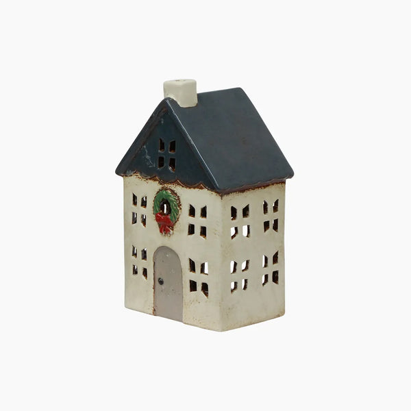 Christmas Tea Light House Blue with Wreath, Small