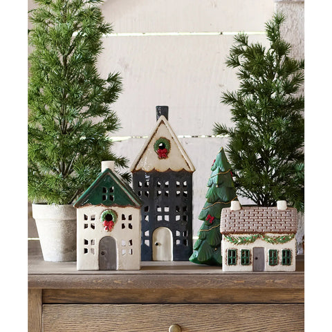 Christmas Tea Light House Green with Wreath, Small