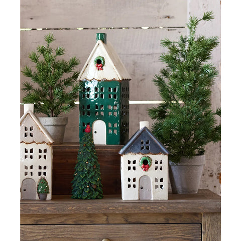 Christmas Tea Light House Blue with Wreath, Small