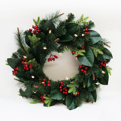 Magnolia & Berry Wreath with Lights - 60cm