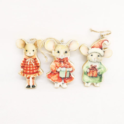 Vintage Wooden Mouse Christmas Decoration 10cm