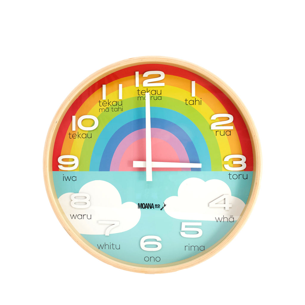 Moana Road - Large Te Reo Maori Clock, Rainbow – The White Room Gallery