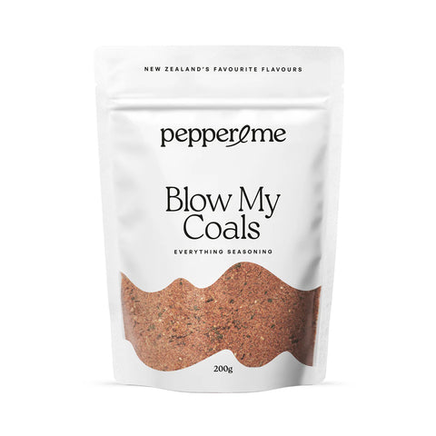 Pepper & Me 'Blow My Coals' seasoning packet on a white background