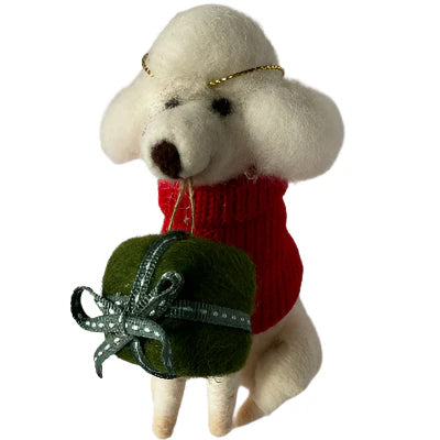 Poodle with Green Present Felted Christmas Decoration