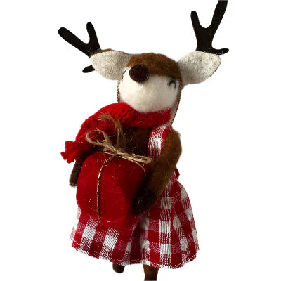 Reindeer in Red Check Dress Felted Christmas Decoration
