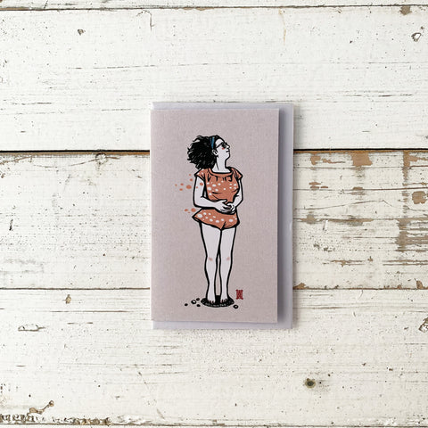Windy Welly Girl On The Beach - Mini Greeting Card