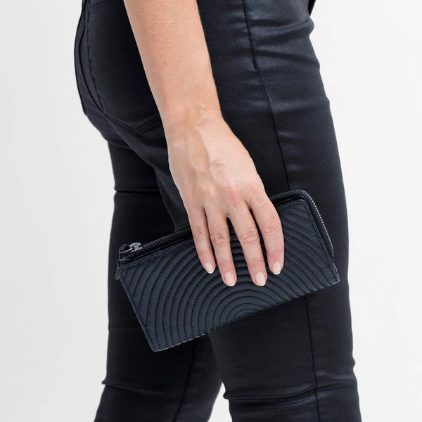 Lifestyle image of woman holding Elk Peitto Wallet in Black.