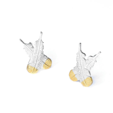 Huia Feather Studs - Silver Gold Tips