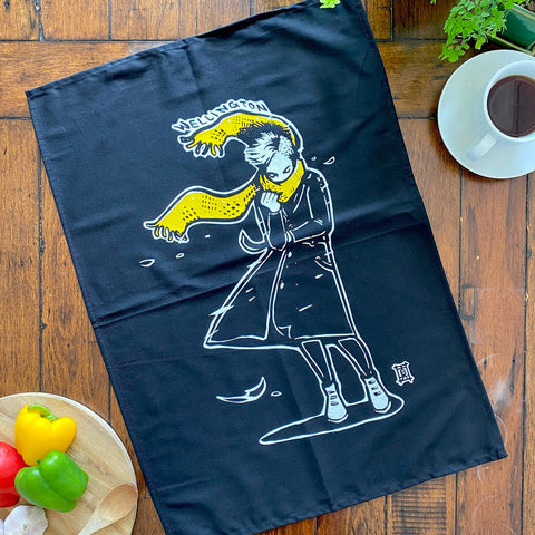 Flatlay image of Masako Styles Windy Welly Girl with Yellow Scarf Tea Towel.