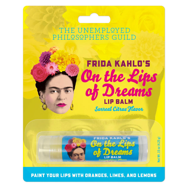 Clearcut image of The Unemployed Philosophers Guild Frida Kahlo's On the Lips and Dreams Lip Balm packaging.