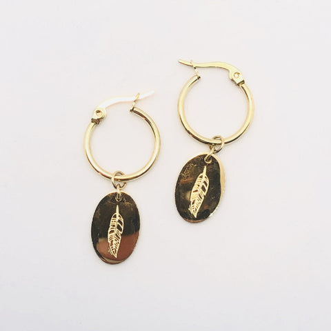 Sleeper and Feather Disc Earrings Gold