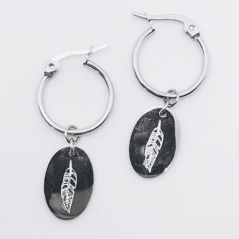 Sleeper and Feather Disc Earrings Silver