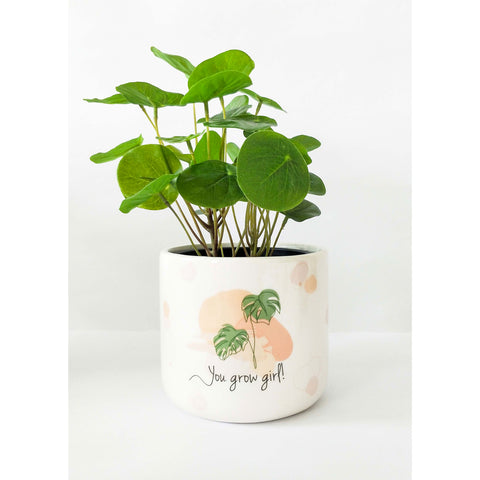 Lifestyle image of Urban Products 'You Grow Girl' Planter with plant.