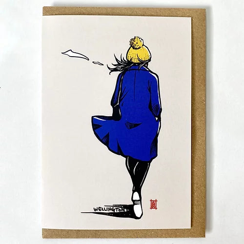 Windy Welly Girl, Blue Coat - Greeting Card